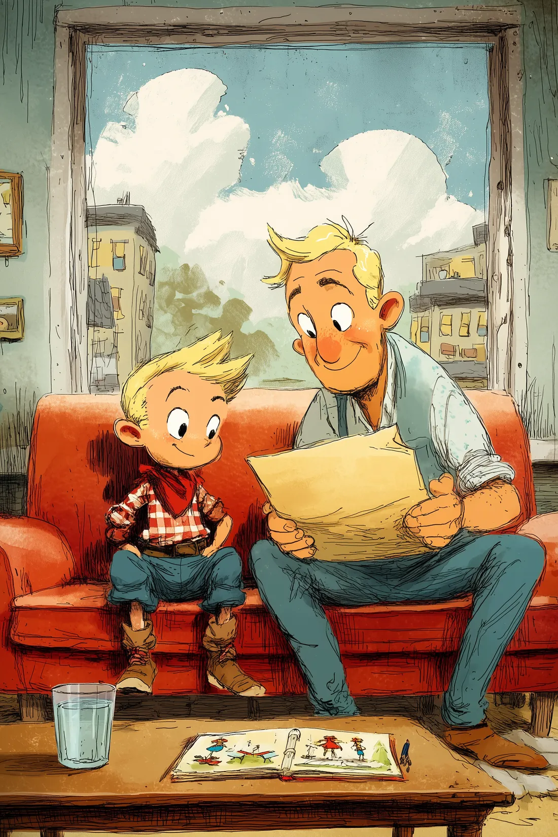 Dad reads a letter on the red sofa, Charlie sits next to him.