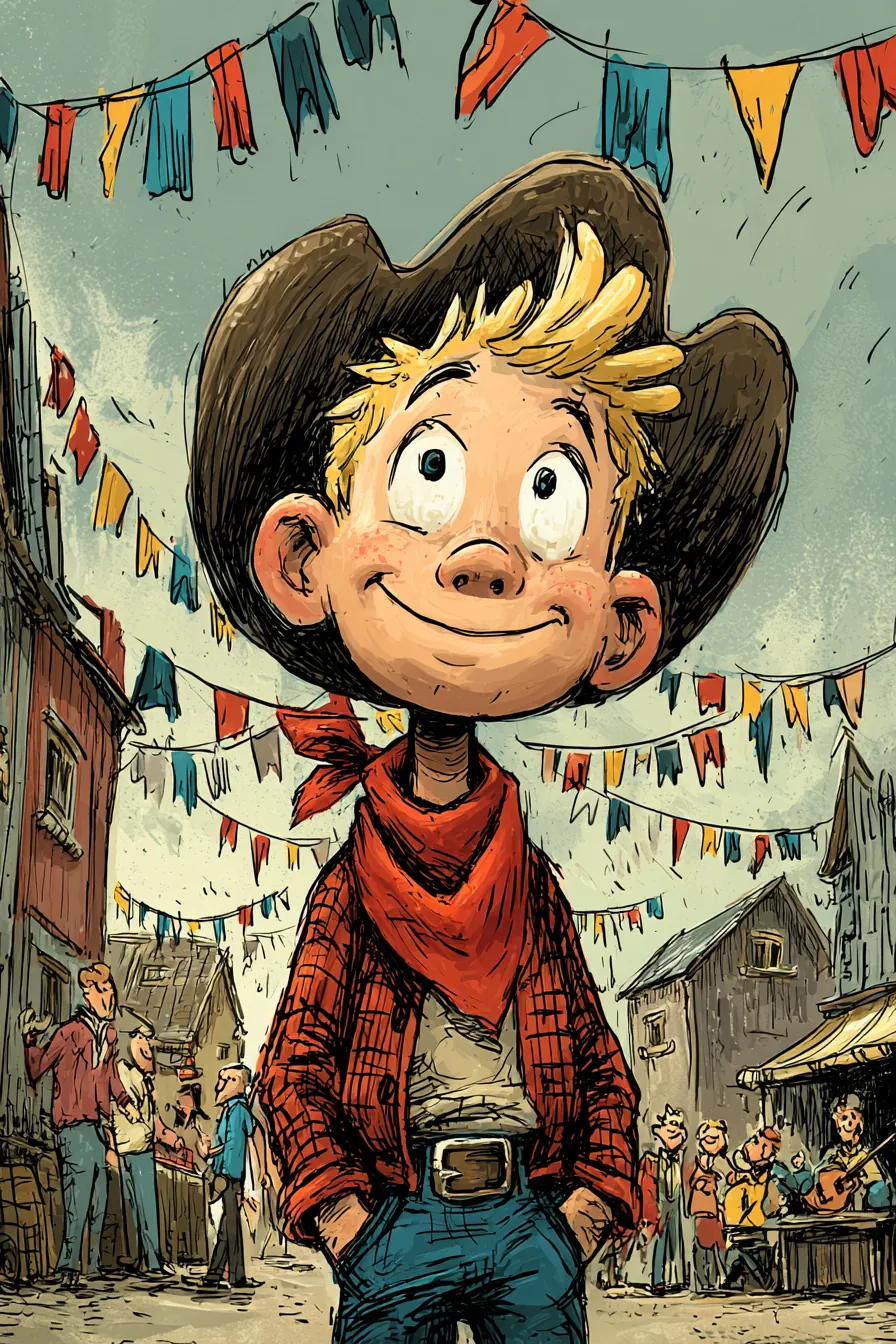 Charlie in his cowboy hat and red bandana in front of colourful bunting.