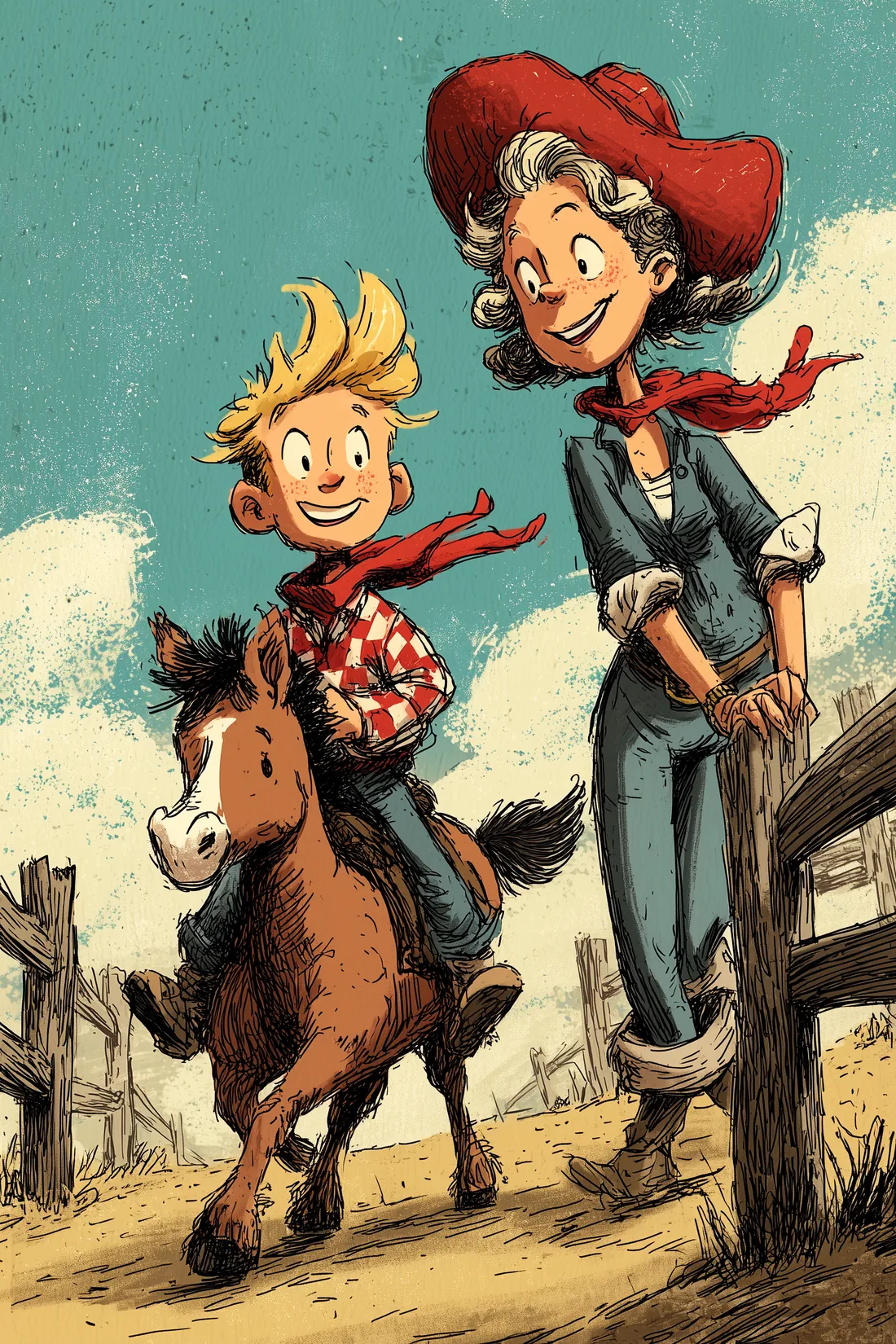 Charlie rides Muffin while Mrs Donnerfeld leans on the fence.