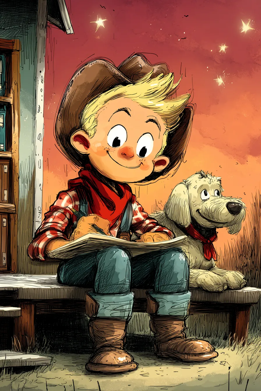 Charlie reads on a bench next to Dusty, a shaggy pale dog.
