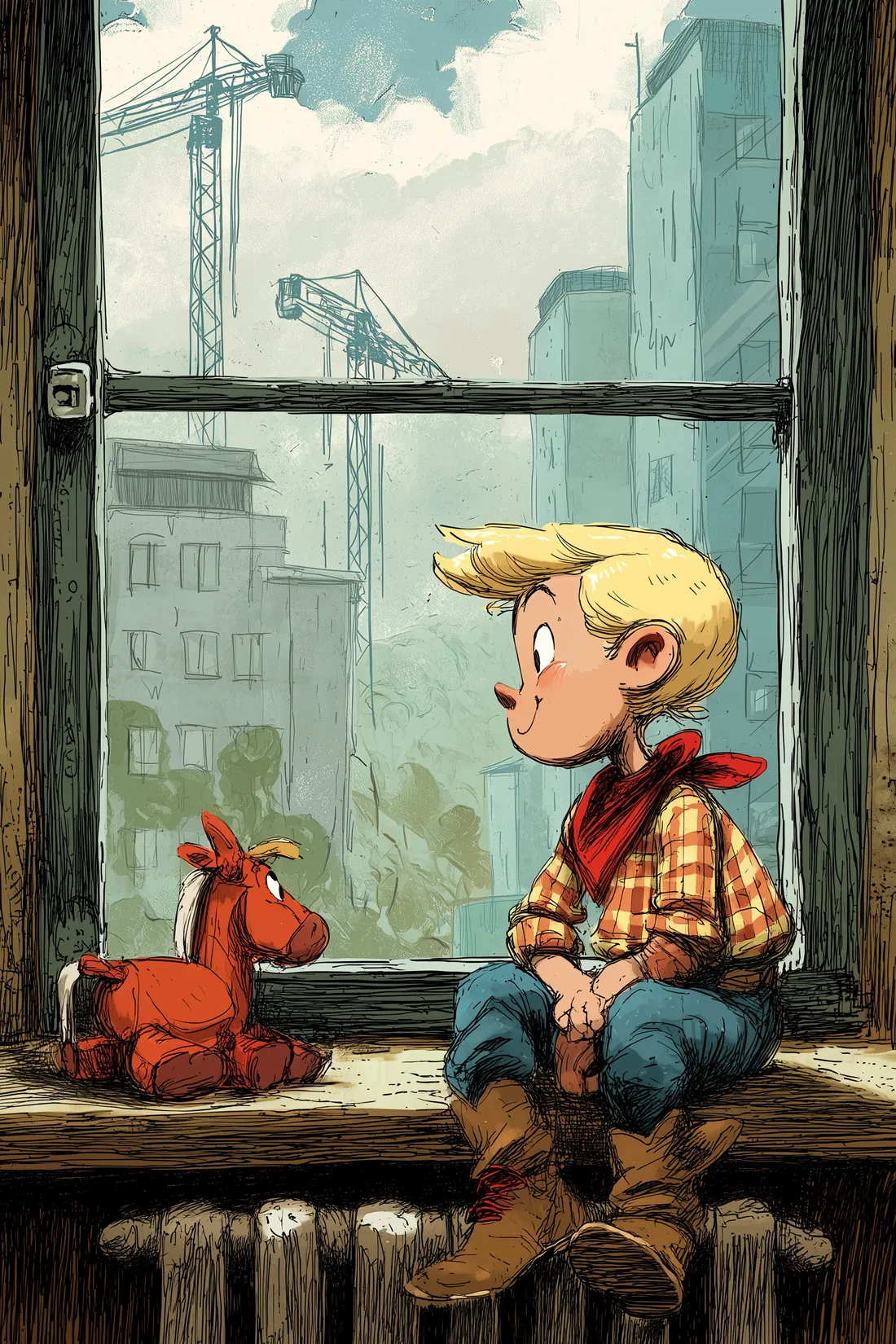 Charlie in his cowboy hat sits at the window of a grey high-rise, cranes and clouds outside.
