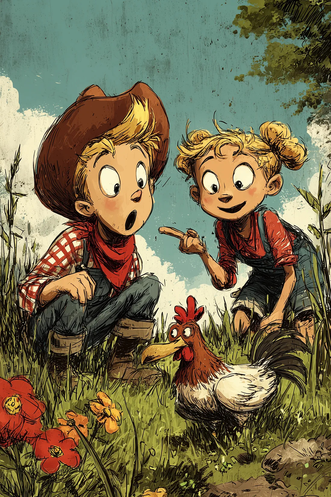 Charlie and Jette crouch in the grass next to a hen.