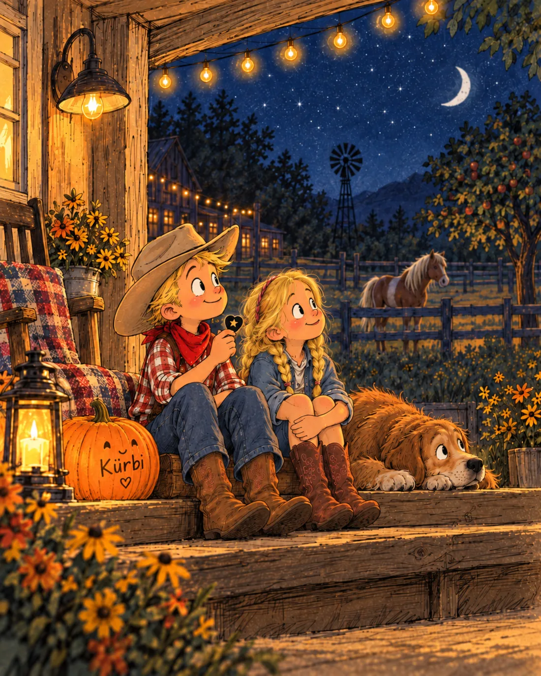 Charlie and Jette sit on the porch in the evening, next to Kürbi the pumpkin and a sleeping dog.