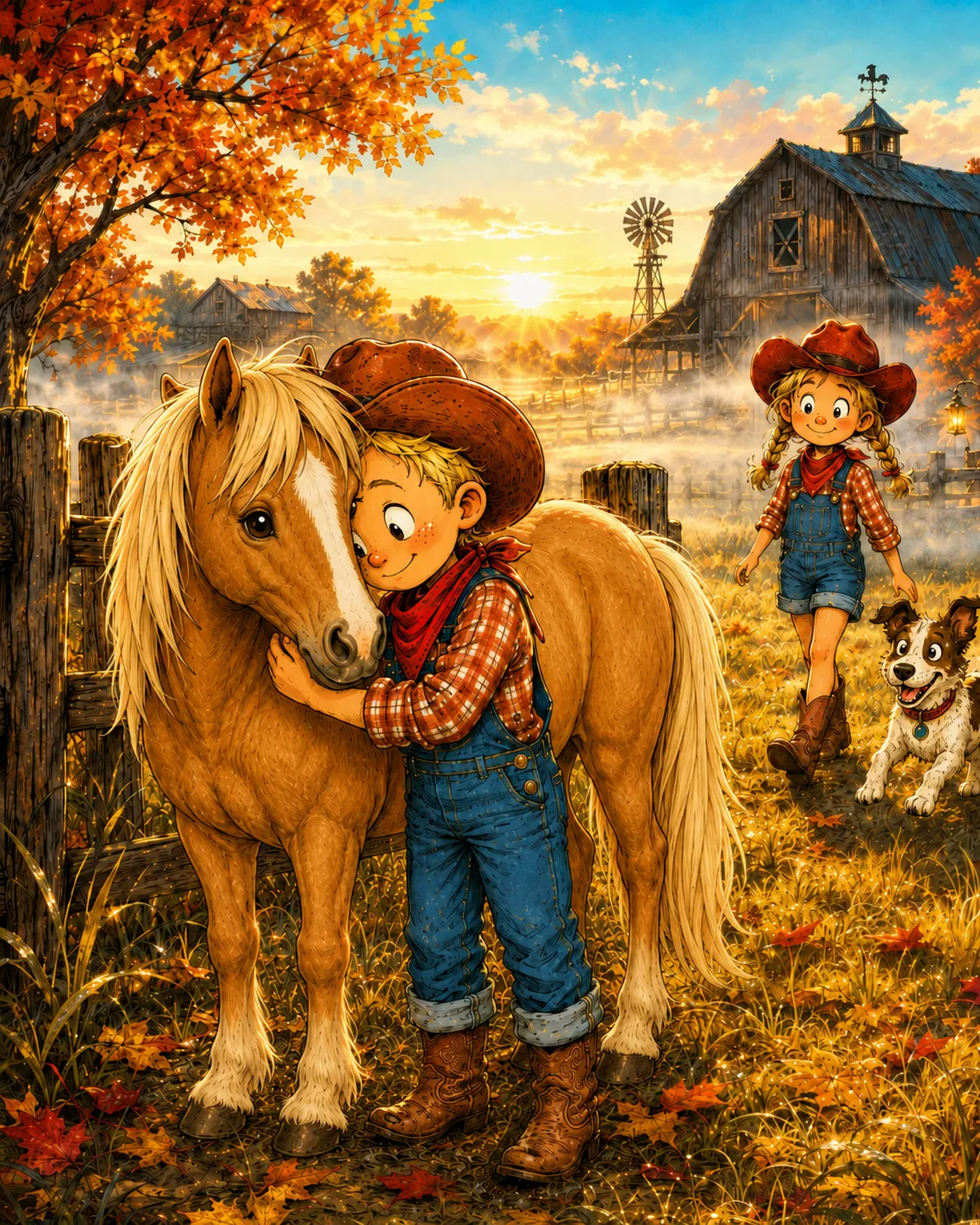 Charlie hugs his pony Muffin in the golden autumn light.