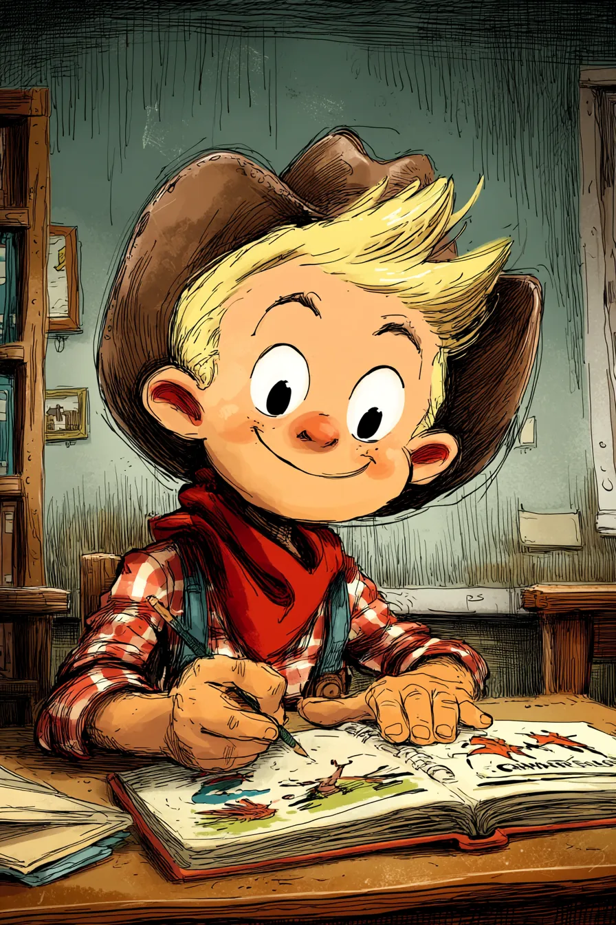 Charlie draws in his notebook.