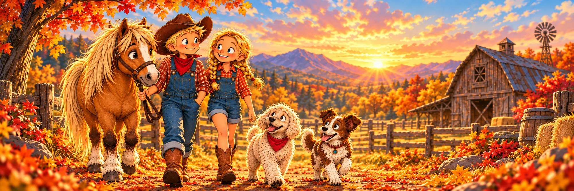 Charlie, Jette, Muffin and the dogs outside the Donnerfeld ranch at sunset.