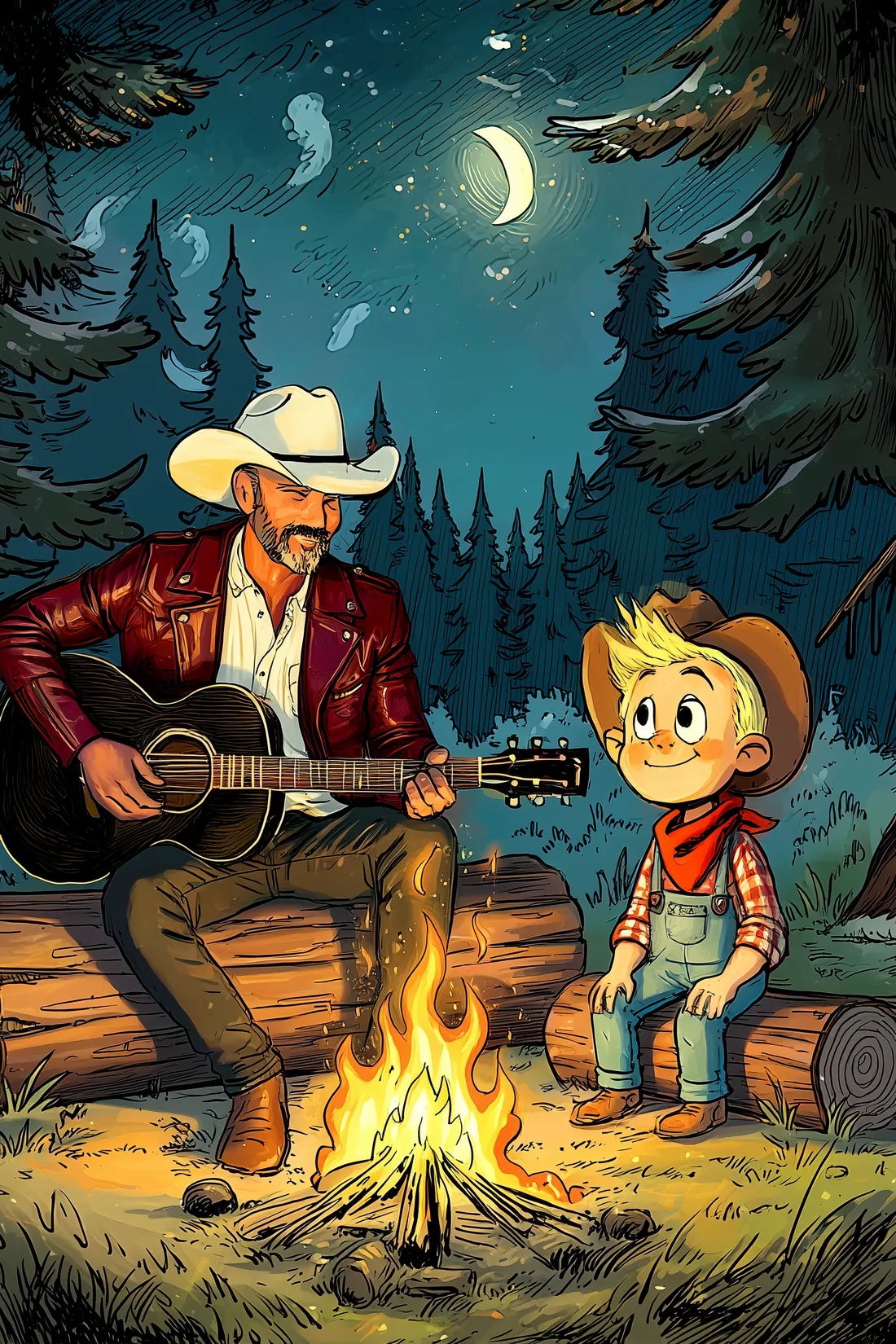 A country singer in a white hat plays guitar by the campfire while Charlie listens.