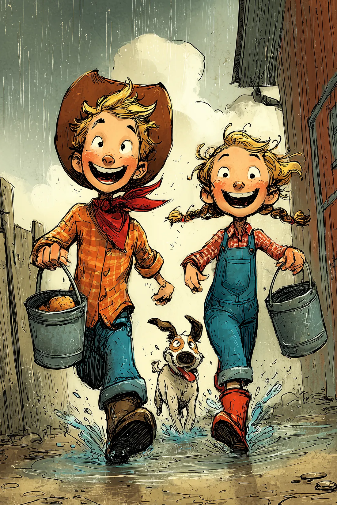 Charlie and Jette run through the rain with buckets, Schnitzel jumping along.