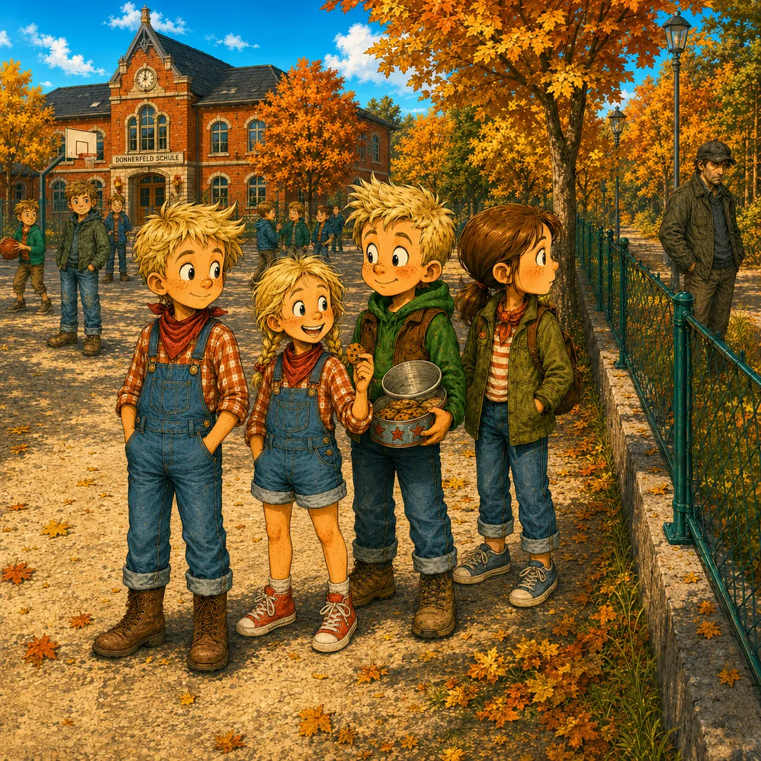 Charlie, Jette and other children outside the village school in autumn.